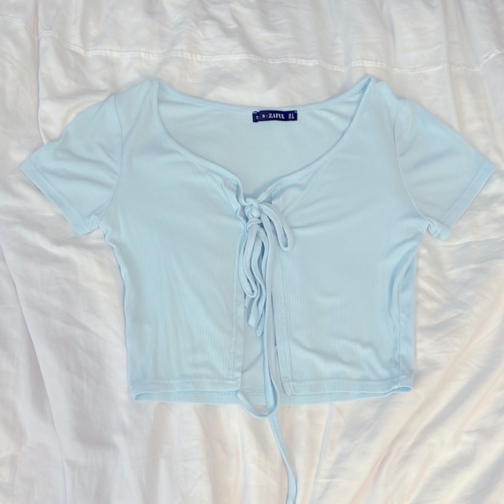 Zaful tie-front blouse, size S, color light blue